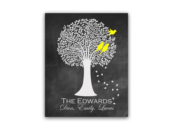 Personalized Black Chalkboard Family Tree with Yellow Love Birds Wall Art - HOME68