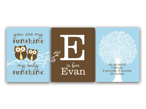 Birth Stats CANVAS Wall Art PRINTS, You Are My Sunshine, Owl Nursery Print, Boys Monogram Art, Brown and Blue Nursery - KIDS107