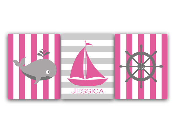 Girl Nursery CANVAS Art Print, Pink Gray Nautical Nursery Decor, Girl Nautical Room, Personalized Name Art Girls Room Decor - KIDS112