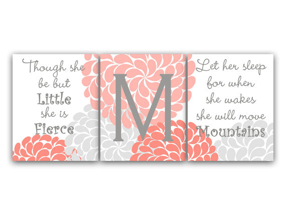 Custom Nursery CANVAS Art Prints, Let Her Sleep For When She Wakes She Will Move Mountains, Coral and Grey Nursery Wall Art - KIDS113