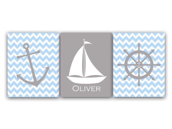 Baby Boy Nursery CANVAS Art, Nautical Nursery Decor, Blue Grey Nursery, Kids Name Art, Boys Room Decor, Custom Nursery Print - KIDS117