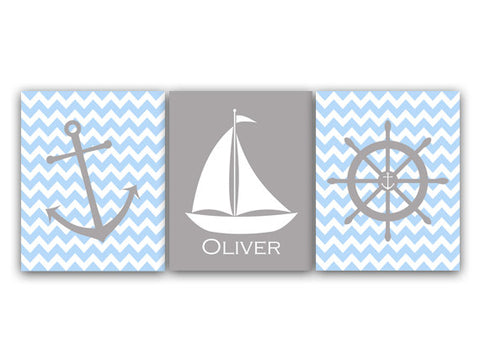 Baby Boy Nursery CANVAS Art, Nautical Nursery Decor, Blue Grey Nursery, Kids Name Art, Boys Room Decor, Custom Nursery Print - KIDS117