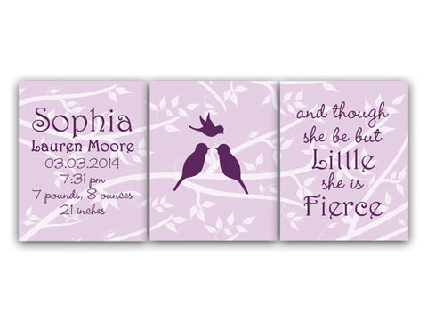Birth Stats CANVAS Art,Though She Be But Little She Is Fierce Personalized Kids Name Art Baby Bird Nursery Lavender Nursery Decor - KIDS120