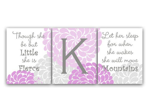 Nursery Quote Art Prints, She Will Move Mountains CANVAS, Lavender and Gray Nursery Wall Art, She Is Fierce Nursery Decor - KIDS122