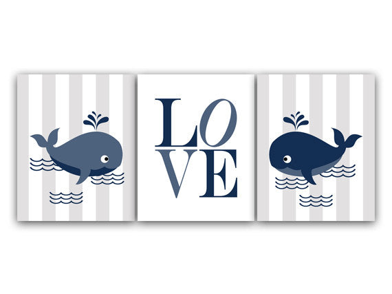 Nursery CANVAS Wall Art, Baby Boy Nursery Art PRINTS, Whale Nursery Bedding Decor, Boys Room Wall Art, LOVE Nursery Print - KIDS127