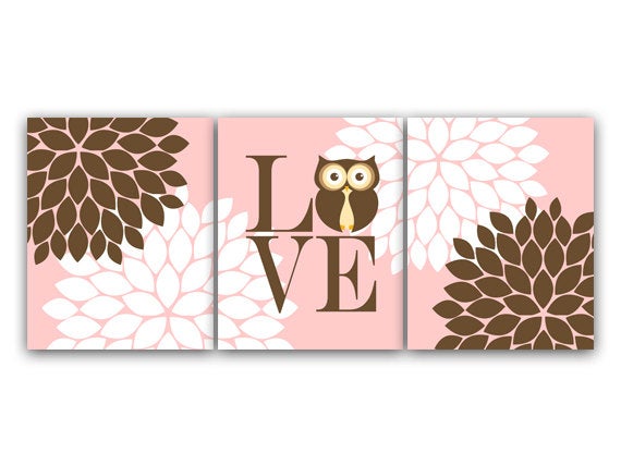 Nursery Wall Art, Baby Girl Nursery Art Print, Owl Theme Nursery Decor, Girls Owl Canvas, LOVE Nursery Print, Owl Bedroom Pictures - KIDS125