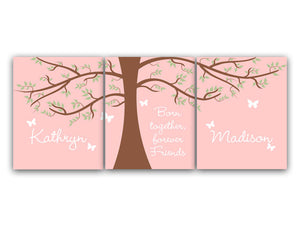 Personalized Pink & Brown Tree Twin Sisters 3pc Art "Born Together Forever Friends" - KIDS126