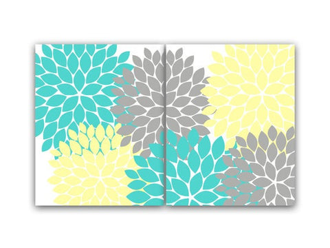 Yellow, Aqua & Gray Flower Burst 2pc Set Home Décor Wall Art - HOME80