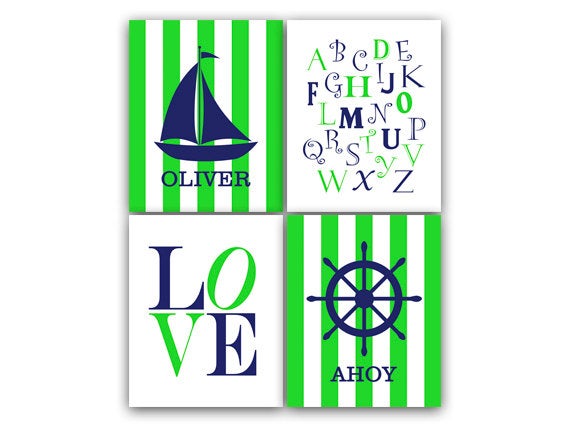 Nautical Nursery Art Print, Personalized Kids Name Art, LOVE Art Print, Navy Green Nursery Wall Art, Boy Nautical Decor, ABC Art - KIDS131