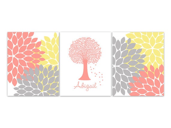 Custom Nursery Wall Art Kids Name Art CANVAS Print Coral Yellow Grey Nursery Decor Flower Burst Prints Coral Nursery Wall Decor - KIDS132