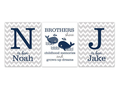 Personalized Chevron Whales Brothers 3pc Art "Brothers Share Childhood Memories" - KIDS138