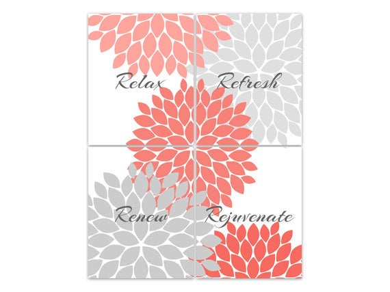Coral & Gray Flower Burst Bathroom 4pc Wall Art "Relax Refresh Renew Rejuvenate" - BATH53