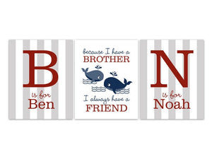 Personalized Whales Brothers 3pc Art "Because I Have A Brother I Always Have A Friend" - KIDS139