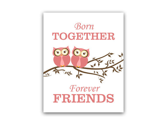 Pink Owls Twin Sisters 1pc Wall Art "Born Together, Forever Friends" - KIDS114