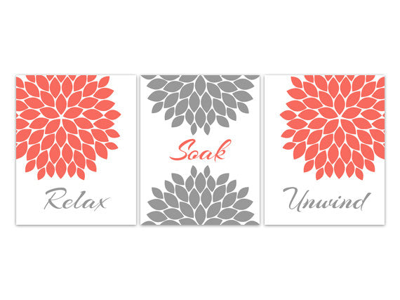 "Relax Soak Unwind" Coral and Gray Bathroom Wall Art - BATH55