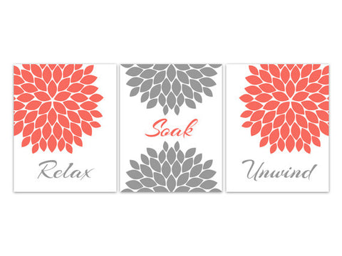 "Relax Soak Unwind" Coral and Gray Bathroom Wall Art - BATH55