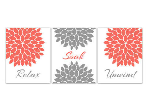 "Relax Soak Unwind" Coral and Gray Bathroom Wall Art - BATH55