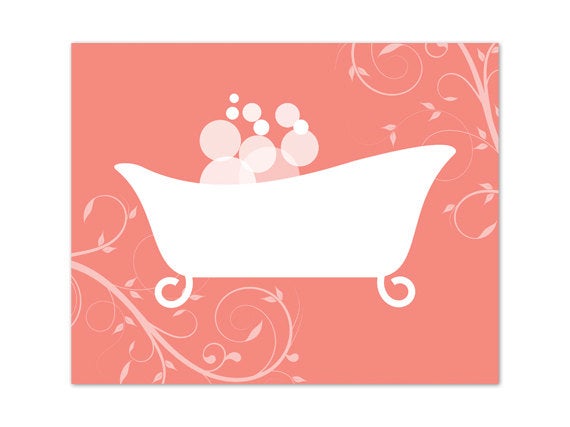 Scroll Bathroom Wall Art - Coral & White Clawfoot Bathtub with Bubbles - BATH56