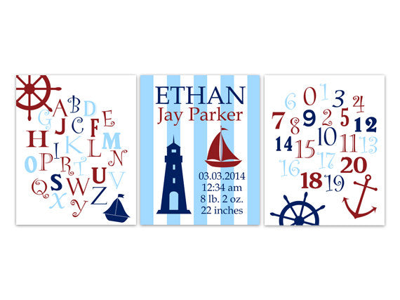 Alphabet Nursery Art, Nautical Room Decor, Birth Stats CANVAS Art, Personalized Kids Wall Art, ABC Wall Art, Modern Nursery Decor - KIDS146