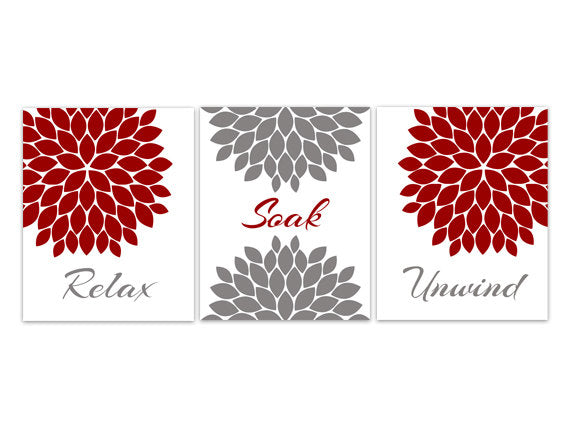 Bathroom CANVAS Wall Art, Relax Soak Unwind, Red and Gray Bathroom Decor, Modern Bathroom Art, Set of 3 Bath Art Prints - BATH57