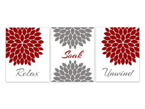 Bathroom CANVAS Wall Art, Relax Soak Unwind, Red and Gray Bathroom Decor, Modern Bathroom Art, Set of 3 Bath Art Prints - BATH57