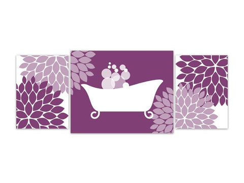 Purple Flower Burst Bathroom 3pc Wall Art - White Clawfoot Bathtub with Bubbles - BATH59