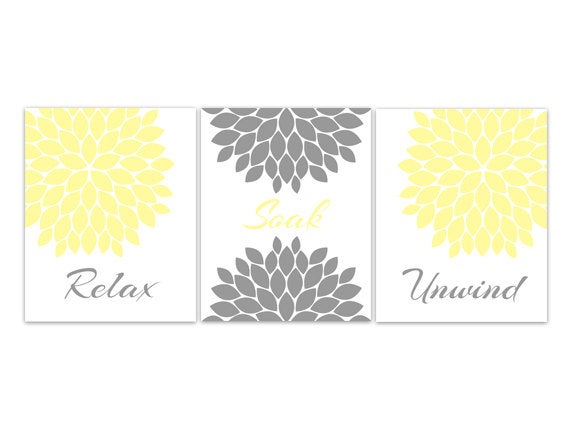 Bathroom CANVAS Wall Art, Relax Soak Unwind, Yellow and Grey Bathroom Decor, Modern Bathroom Art, Set of 3 Bath Art Prints - BATH60