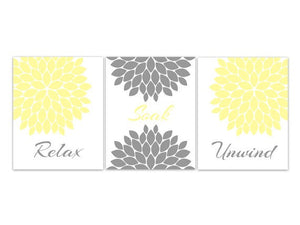 Bathroom CANVAS Wall Art, Relax Soak Unwind, Yellow and Grey Bathroom Decor, Modern Bathroom Art, Set of 3 Bath Art Prints - BATH60