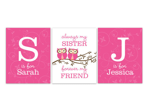 Personalized Hot Pink Owls Sisters 3pc Wall Art "Always My Sister, Forever My Friend" - KIDS154