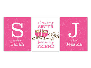 Personalized Hot Pink Owls Sisters 3pc Wall Art "Always My Sister, Forever My Friend" - KIDS154