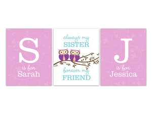 Personalized Owls Sisters 3pc Wall Art "Always My Sister, Forever My Friend" - KIDS158