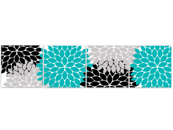 Black, Aqua & Gray Flower Burst Home Décor - 4pc Square Wall Art - HOME99