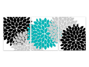 Home Decor Wall Art, Aqua Grey and Black Flower Burst CANVAS PRINTS, Bathroom Wall Decor, Teal Bedroom Decor, Nursery Wall Art - HOME98