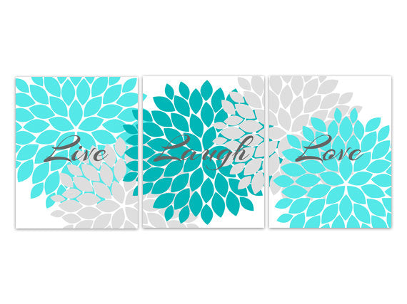 Home Decor Art, Live Laugh Love CANVAS or PRINTS, Aqua Wall Art, Flower Burst Bathroom Wall Decor, Aqua and Grey Bedroom Wall Art - HOME95