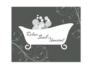 Scroll Bathroom Wall Art - Charcoal & White Clawfoot Bathtub "Relax Soak Unwind" - BATH64