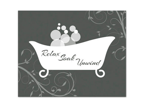 Scroll Bathroom Wall Art - Charcoal & White Clawfoot Bathtub "Relax Soak Unwind" - BATH64