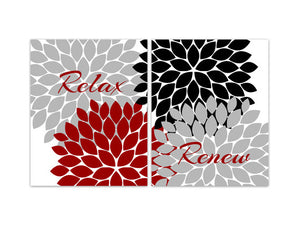 Red, Black & Gray Flower Burst Bathroom 2pc Wall Art "Relax Renew" - BATH65