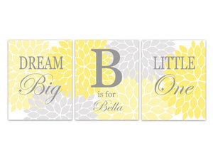 Nursery Wall Art, Dream Big Little One CANVAS PRINTS ,Kids Wall Art, Yellow and Grey Nursery, Flower Burst Art Girls Room Decor - KIDS163