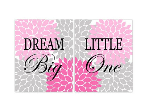 Nursery Wall Art, Dream Big Little One CANVAS, Kids Wall Art, Bright Pink and Gray Nursery, Flower Burst Art Girls Room Decor - KIDS164