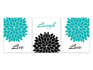 Home Decor Wall Art, Live Laugh Love CANVAS, Turquoise Wall Art, Flower Burst Bathroom Wall Decor, Aqua and Black Bedroom Wall Art - HOME103