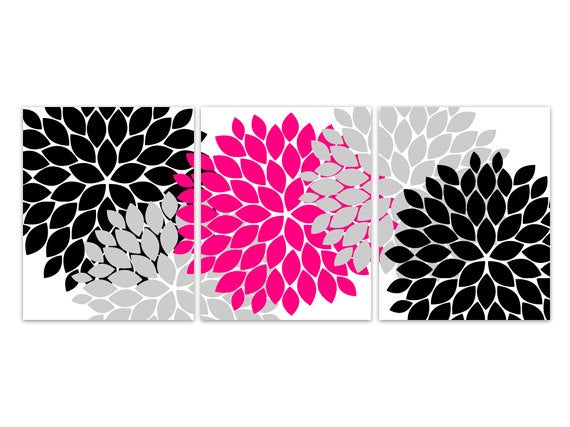 Home Decor CANVAS Wall Art, Hot Pink and Black Flower Burst Art PRINTS, Bathroom Wall Decor, Pink Bedroom Decor, Nursery Wall Art - HOME104