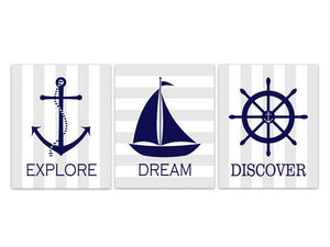 Nautical Nursery CANVAS, Explore Dream Discover, Grey Nursery Decor, Nautical Wall Art, Nursery Quote Art, Baby Boy Room - KIDS167