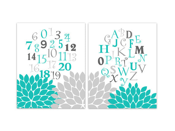 Nursery Wall Art, Alphabet Art CANVAS, Nursery Numbers Print, Kids Wall Art, Teal Nursery Decor, Set of 2 Nursery Art Prints - KIDS169