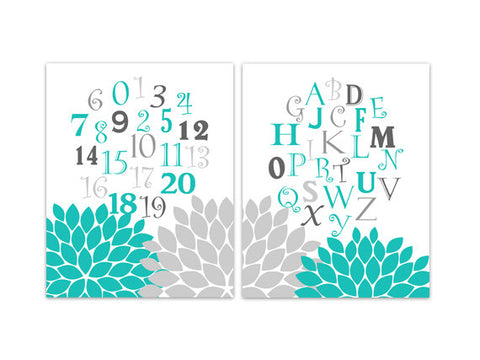 Nursery Wall Art, Alphabet Art CANVAS, Nursery Numbers Print, Kids Wall Art, Teal Nursery Decor, Set of 2 Nursery Art Prints - KIDS169