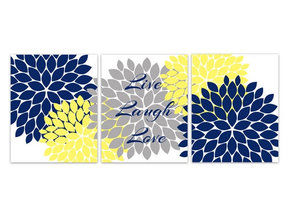 Wall Art CANVAS, Live Laugh Love, Blue Grey Wall Art, Flower Burst Bathroom Wall Decor, Blue and Yellow Bedroom Wall Art - HOME109