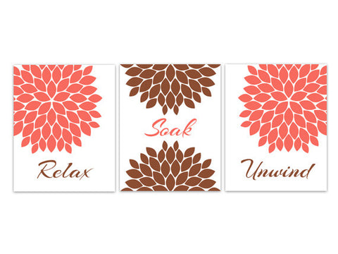 Bathroom Wall Art CANVAS, Relax Soak Unwind, Coral and Brown Bathroom Decor, Modern Bathroom Art, Set of 3 Bath Art Prints - BATH69