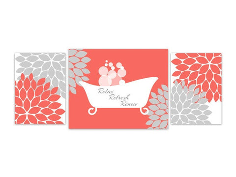 Coral & Gray Flower Burst Bathroom 3pc Art - White Clawfoot Bathtub "Relax Refresh Renew" - BATH78