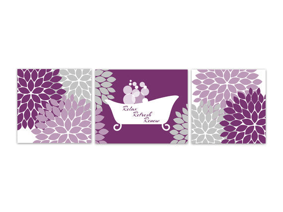 Purple & Gray Flower Burst with Clawfoot Bathtub 3pc Bathroom Art "Relax Refresh Renew" - BATH79