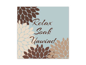 Teal, Brown & Tan Flower Burst Square Bathroom Wall Art - "Relax Soak Unwind" - BATH74