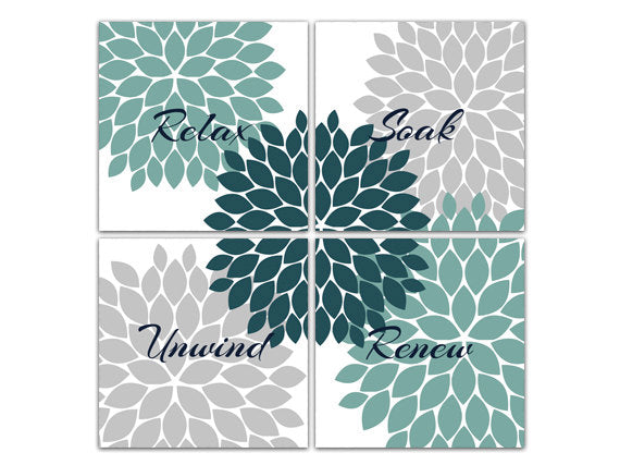 Teal & Gray Flower Burst Square Bathroom 4pc Wall Art - "Relax Soak Unwind Renew" - BATH75